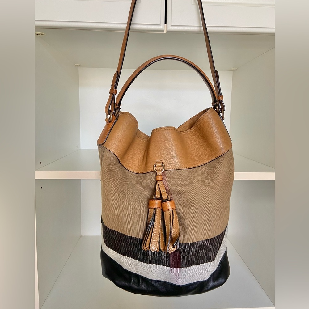 Burberry Ashby Bucket Bag Tassels, Plaid, Leather, Detachable Crossbody Strap